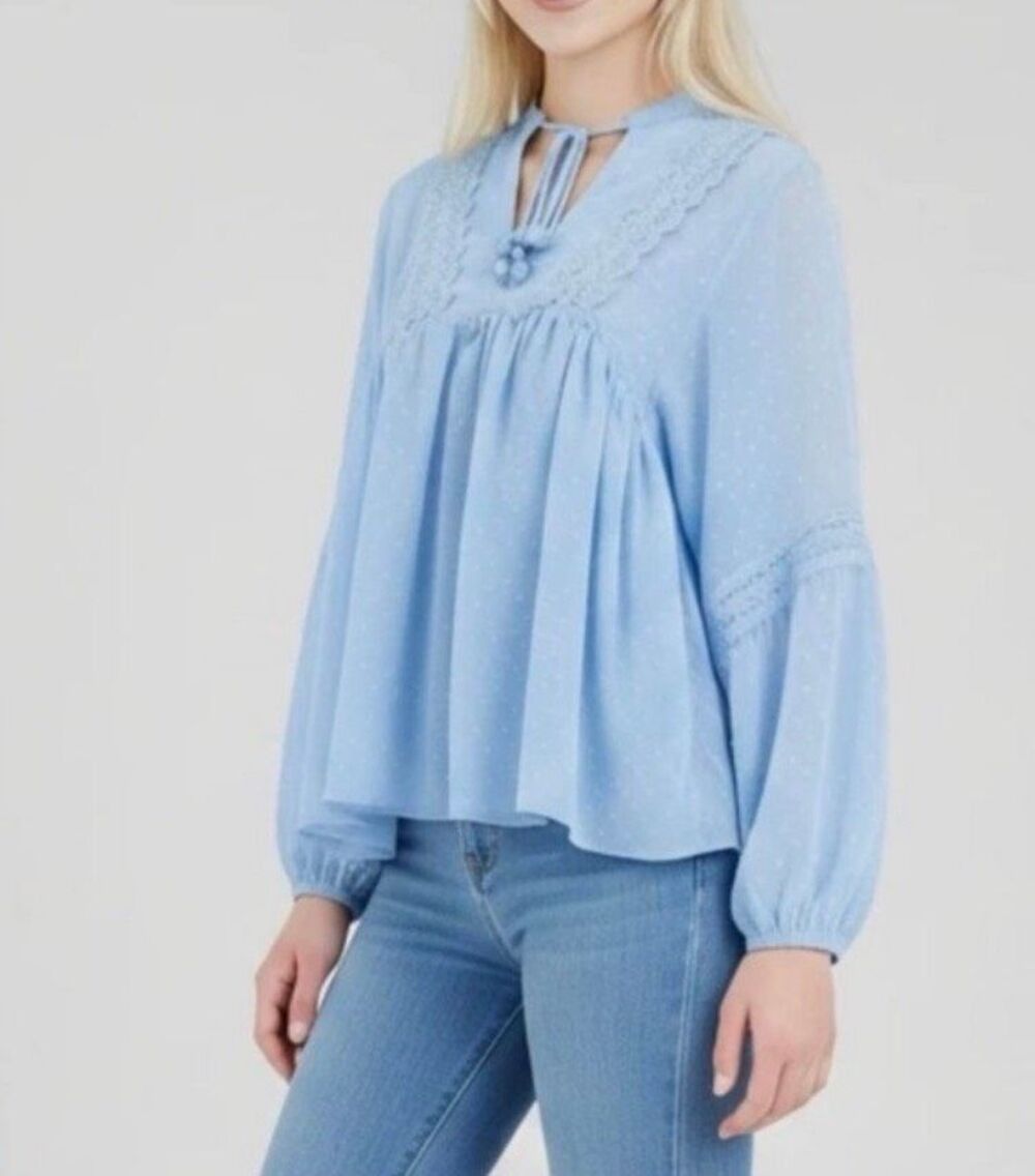 Bishop + Young $110 Women's Swiss Dot Sheer Tie Neck Peasant Blouse Light Blue L